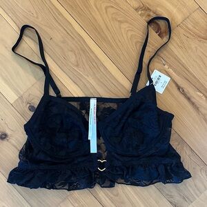 Black Lace Bralette with Ruffle Hem Heart Small Anthropologie
